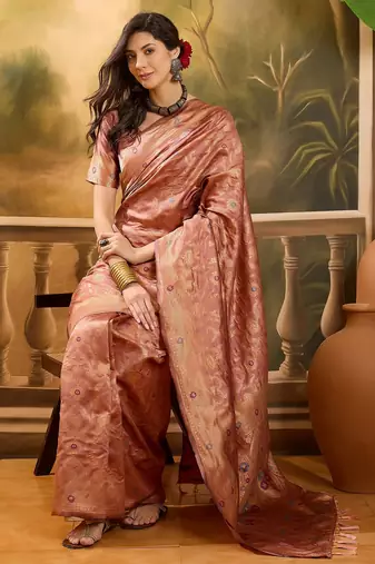 rose gold banarasi jacquard saree with zari weaving & tassel pallu     unstitched blouse included