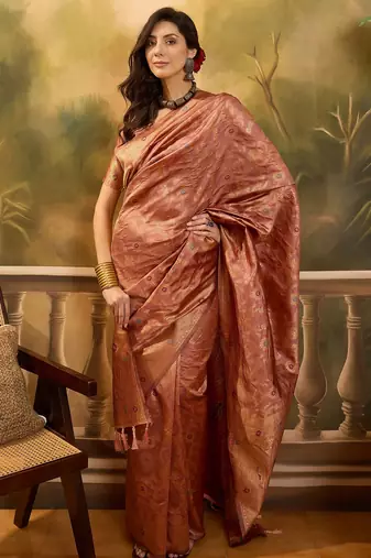 rose gold banarasi jacquard saree with zari weaving & tassel pallu     unstitched blouse included