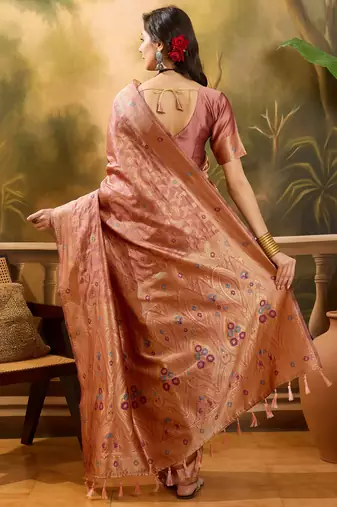 rose gold banarasi jacquard saree with zari weaving & tassel pallu     unstitched blouse included