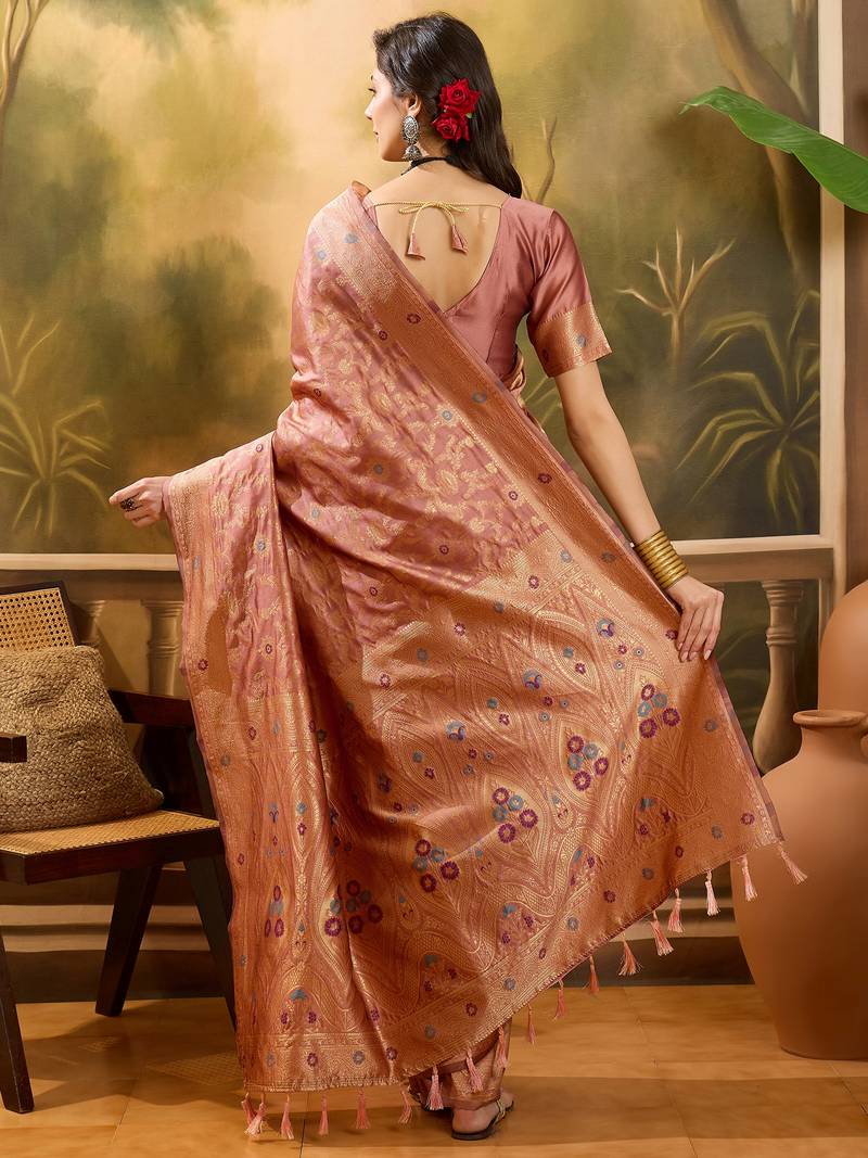rose gold banarasi jacquard saree with zari weaving & tassel pallu     unstitched blouse included