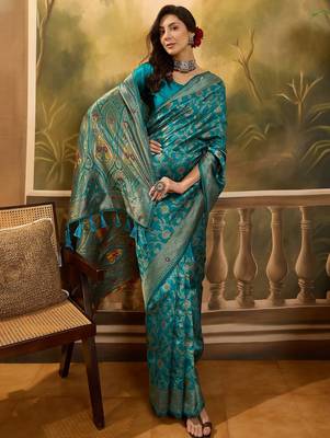 teal blue banarasi jacquard saree with zari weaving & tassel pallu     unstitched blouse included 2