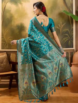 teal blue banarasi jacquard saree with zari weaving & tassel pallu     unstitched blouse included 4