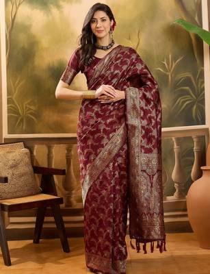 maroon banarasi jacquard saree with zari weaving & tassel pallu     unstitched blouse material 1