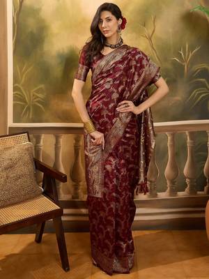 maroon banarasi jacquard saree with zari weaving & tassel pallu     unstitched blouse material 2