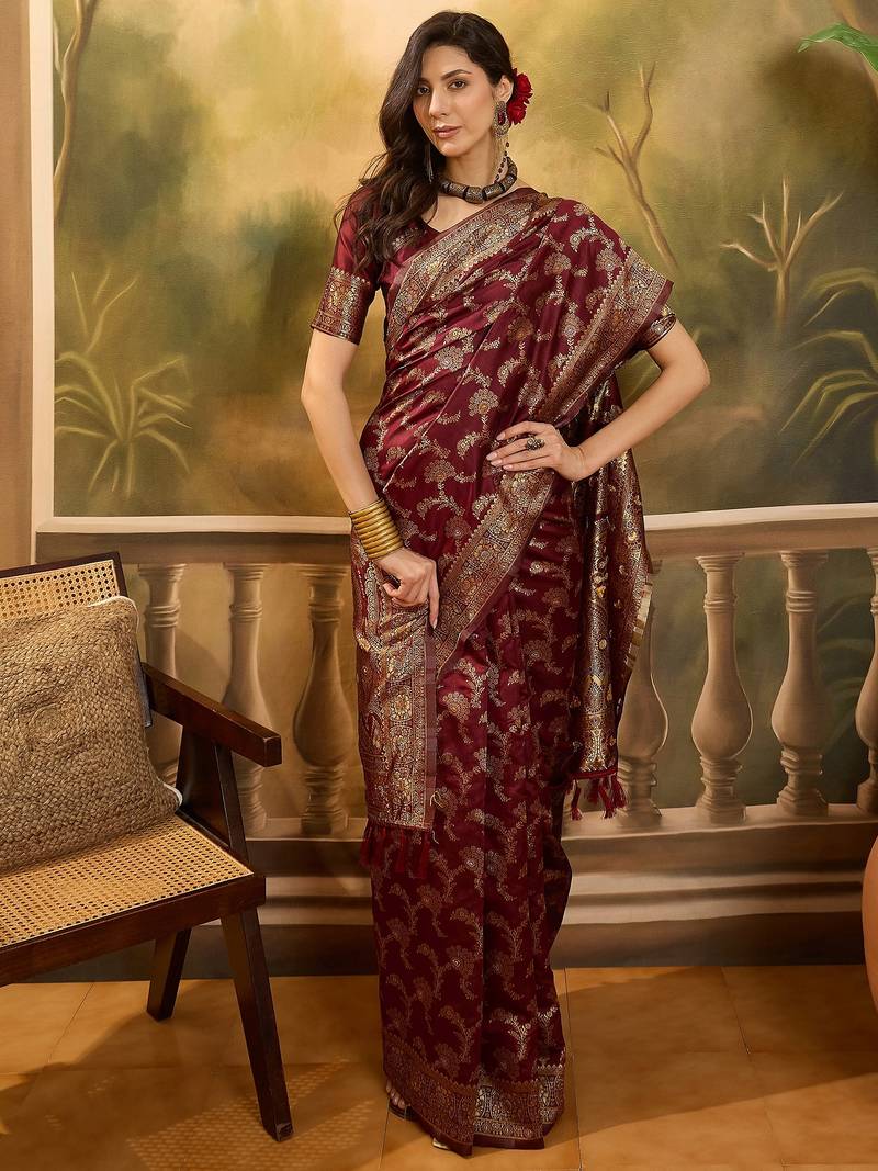 maroon banarasi jacquard saree with zari weaving & tassel pallu     unstitched blouse material