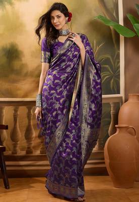 purple banarasi jacquard saree with zari weaving & tassel pallu     unstitched blouse piece 2