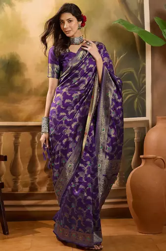 purple banarasi jacquard saree with zari weaving & tassel pallu     unstitched blouse piece