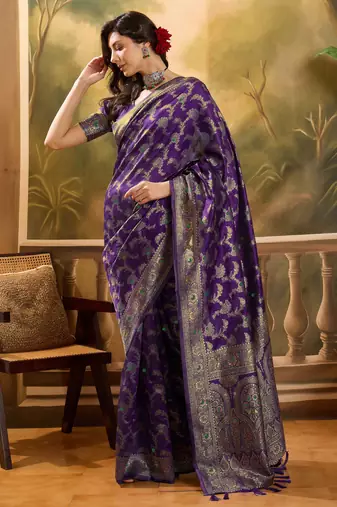 purple banarasi jacquard saree with zari weaving & tassel pallu     unstitched blouse piece