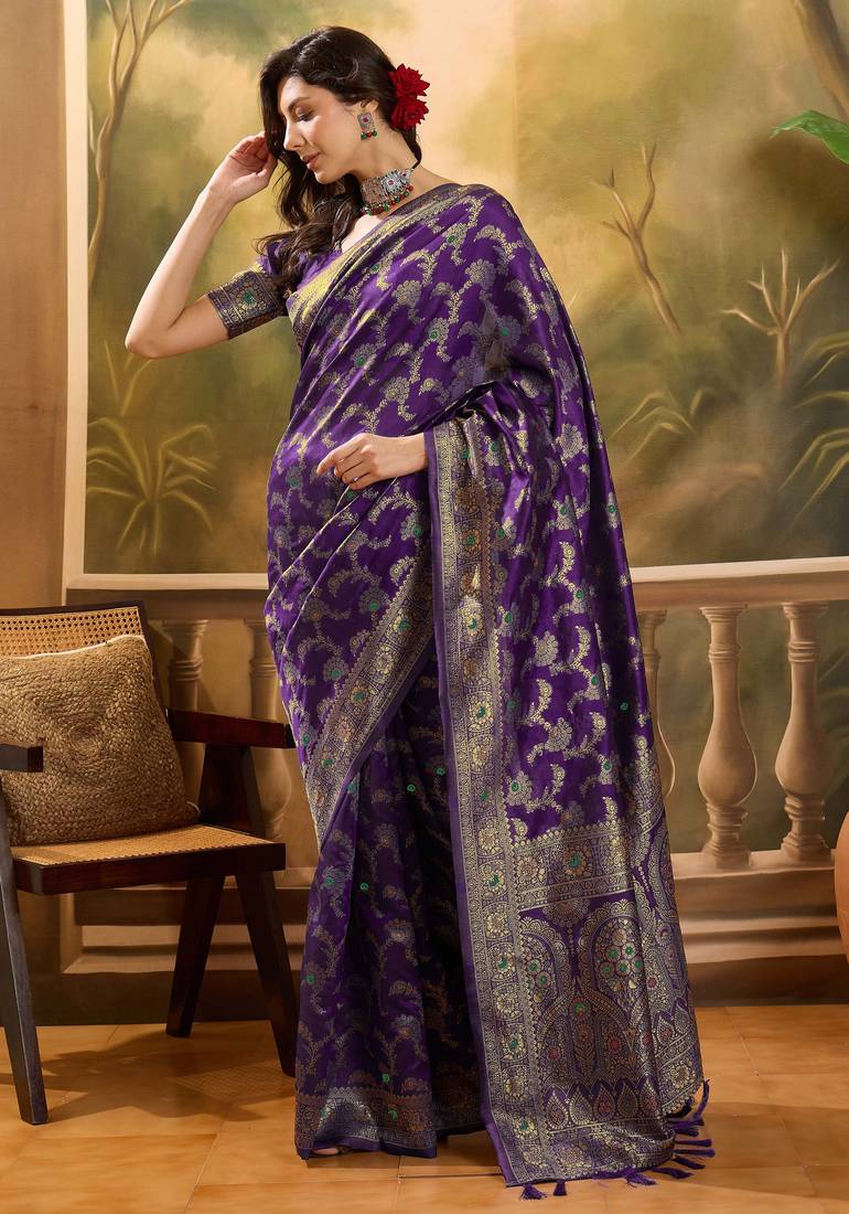purple banarasi jacquard saree with zari weaving & tassel pallu     unstitched blouse piece