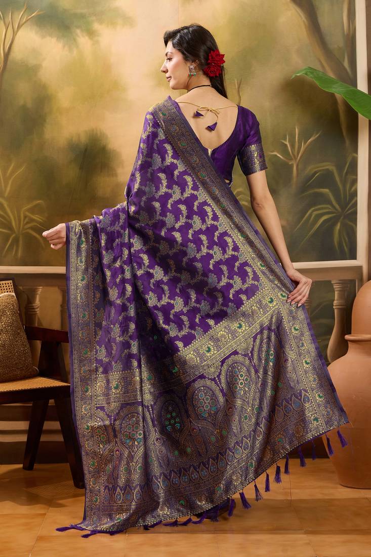 purple banarasi jacquard saree with zari weaving & tassel pallu     unstitched blouse piece