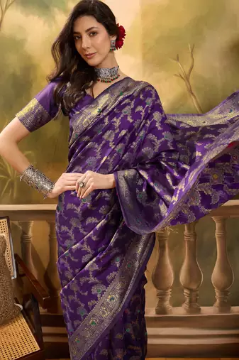 purple banarasi jacquard saree with zari weaving & tassel pallu     unstitched blouse piece