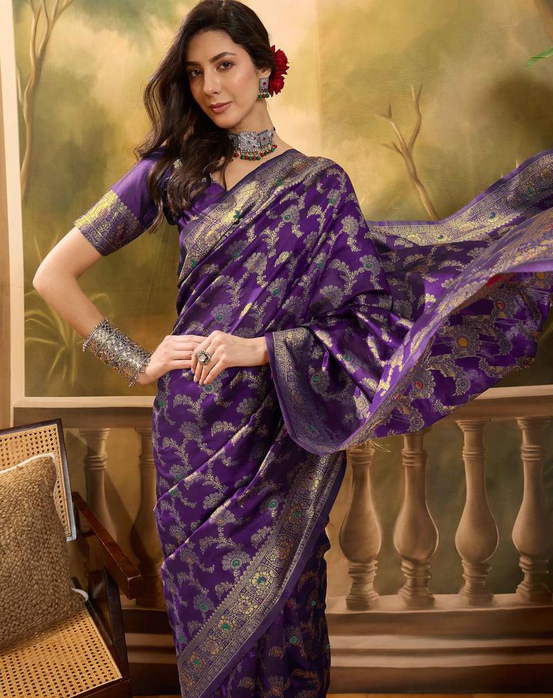 purple banarasi jacquard saree with zari weaving & tassel pallu     unstitched blouse piece