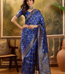 royal blue banarasi jacquard saree with rich zari weaving & tassel pallu     unstitched blouse piece