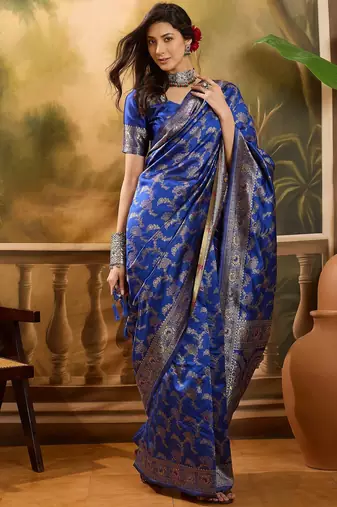 royal blue banarasi jacquard saree with rich zari weaving & tassel pallu     unstitched blouse piece