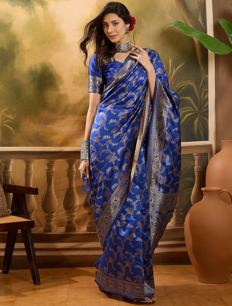 royal blue banarasi jacquard saree with rich zari weaving & tassel pallu     unstitched blouse piece