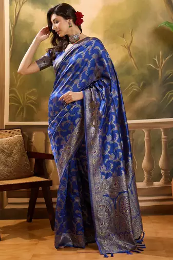 royal blue banarasi jacquard saree with rich zari weaving & tassel pallu     unstitched blouse piece