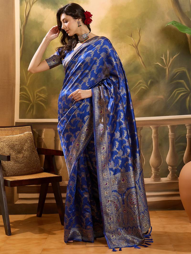 royal blue banarasi jacquard saree with rich zari weaving & tassel pallu     unstitched blouse piece