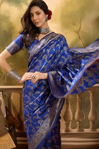 royal blue banarasi jacquard saree with rich zari weaving & tassel pallu     unstitched blouse piece