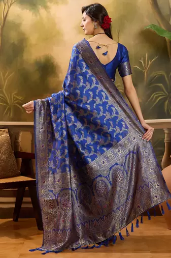royal blue banarasi jacquard saree with rich zari weaving & tassel pallu     unstitched blouse piece