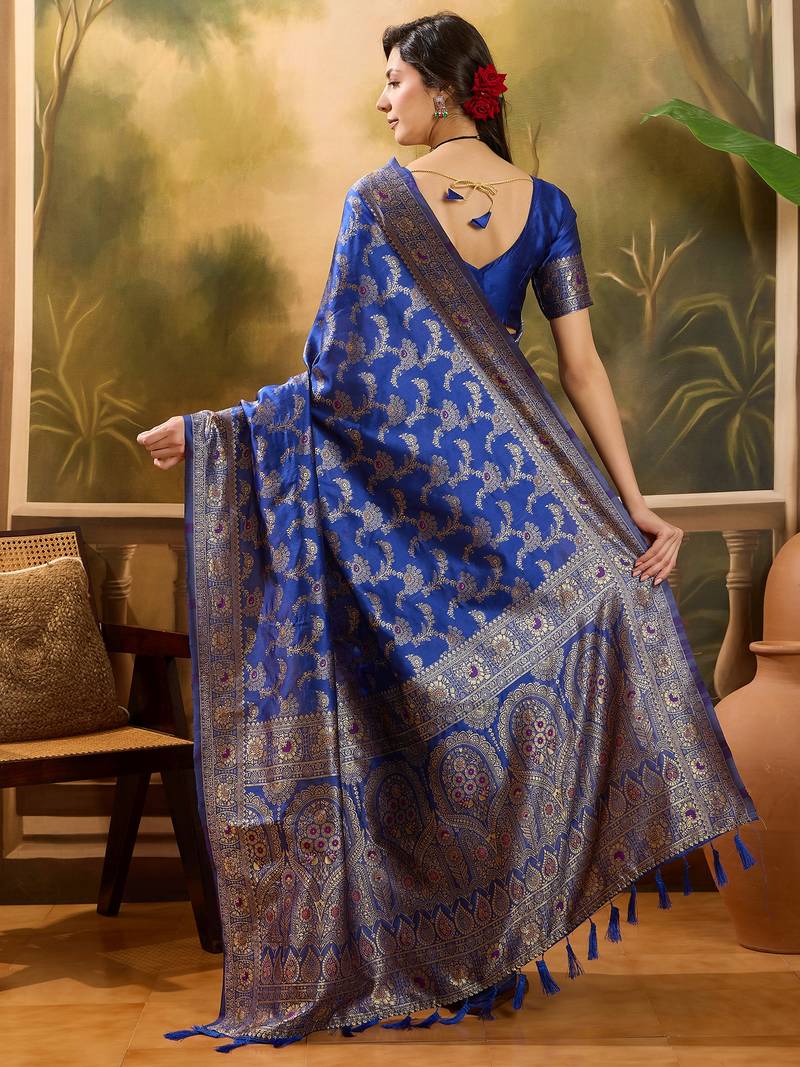 royal blue banarasi jacquard saree with rich zari weaving & tassel pallu     unstitched blouse piece