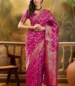 pink banarasi jacquard saree with rich zari weaving & tassel pallu     unstitched blouse piece
