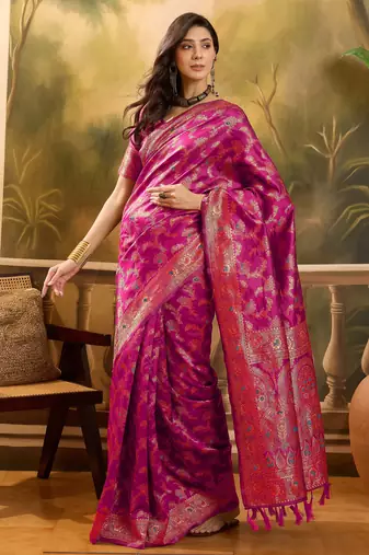 pink banarasi jacquard saree with rich zari weaving & tassel pallu     unstitched blouse piece