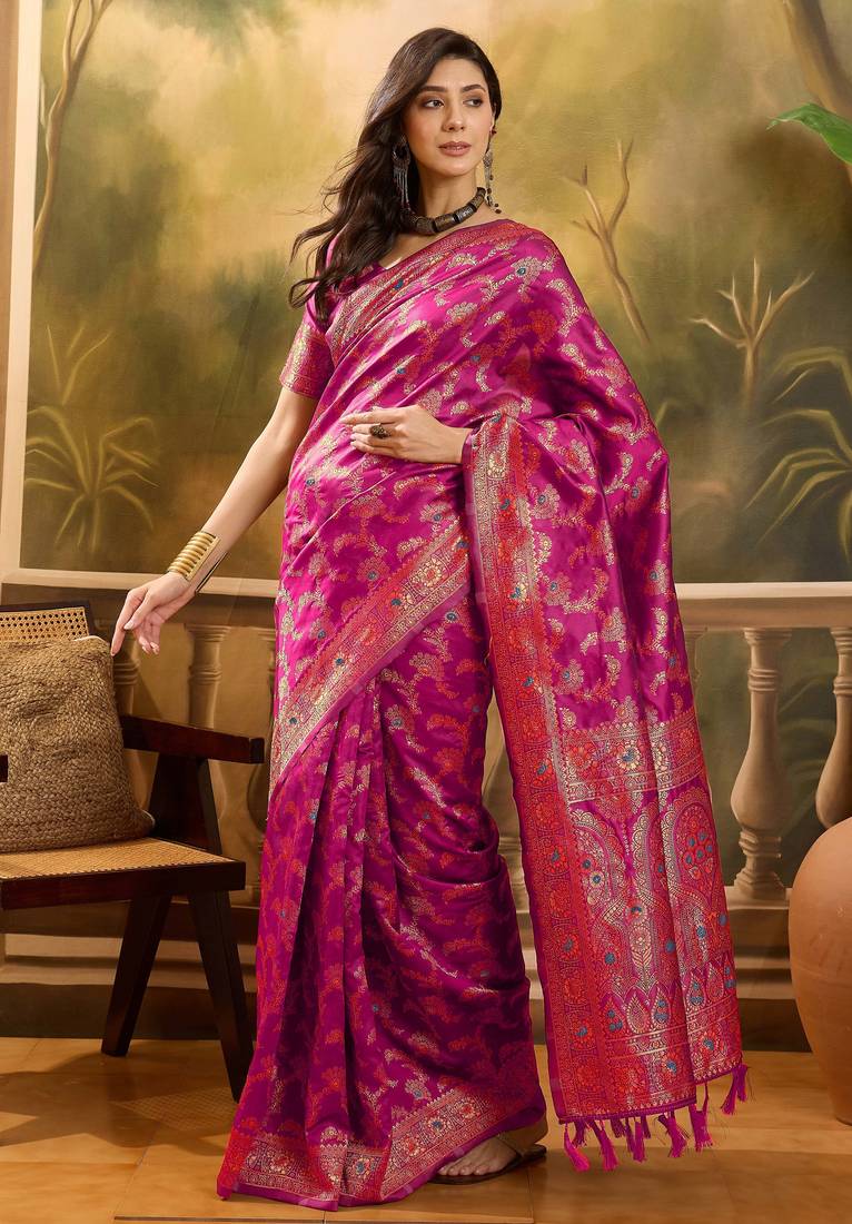 pink banarasi jacquard saree with rich zari weaving & tassel pallu     unstitched blouse piece