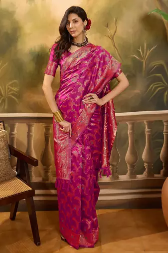 pink banarasi jacquard saree with rich zari weaving & tassel pallu     unstitched blouse piece