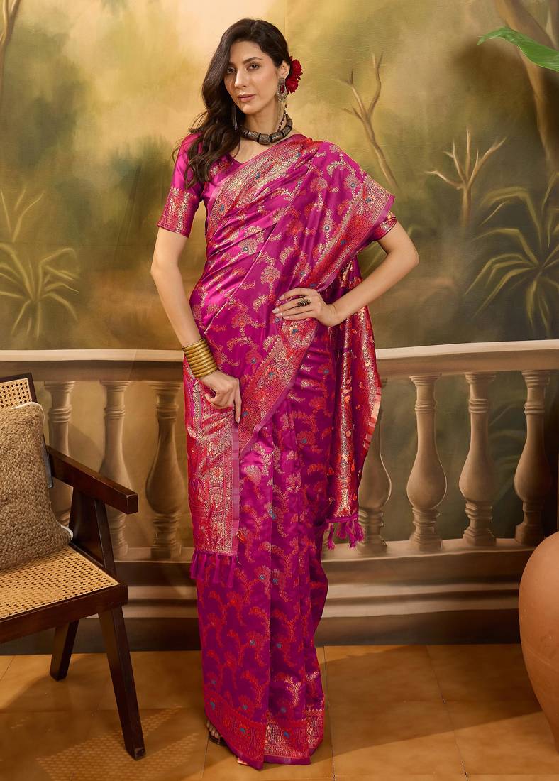 pink banarasi jacquard saree with rich zari weaving & tassel pallu     unstitched blouse piece