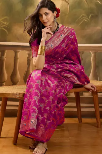 pink banarasi jacquard saree with rich zari weaving & tassel pallu     unstitched blouse piece