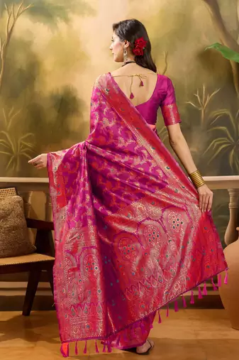 pink banarasi jacquard saree with rich zari weaving & tassel pallu     unstitched blouse piece