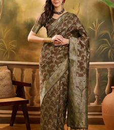 brown banarasi jacquard saree with intricate zari weaving & tassel pallu     unstitched blouse