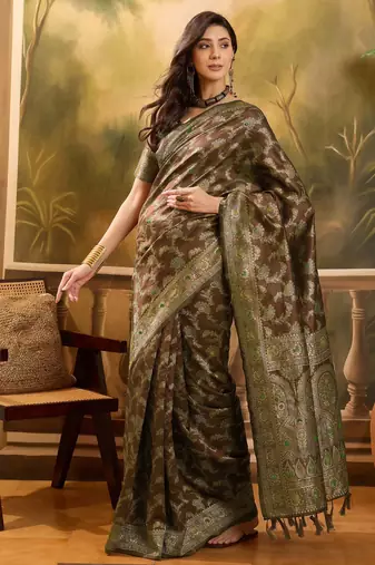 brown banarasi jacquard saree with intricate zari weaving & tassel pallu     unstitched blouse