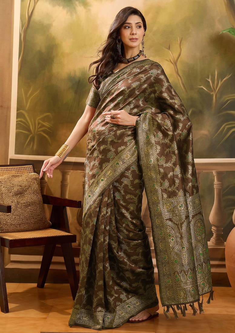 brown banarasi jacquard saree with intricate zari weaving & tassel pallu     unstitched blouse