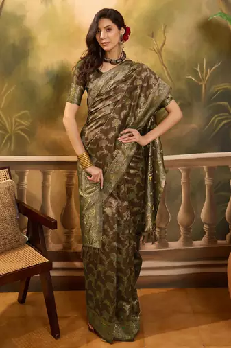 brown banarasi jacquard saree with intricate zari weaving & tassel pallu     unstitched blouse