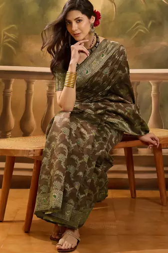 brown banarasi jacquard saree with intricate zari weaving & tassel pallu     unstitched blouse