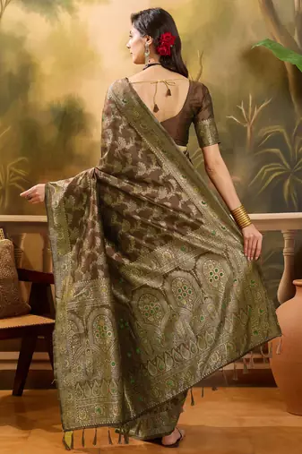brown banarasi jacquard saree with intricate zari weaving & tassel pallu     unstitched blouse