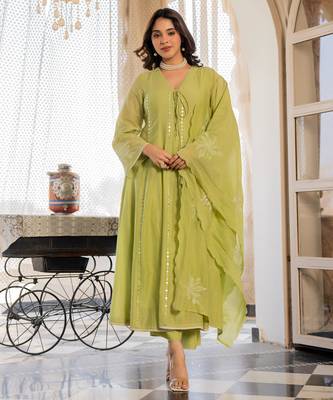 Women's Gorgeous Embroidery Work Chanderi Silk Fabric Flared Anarkali Pant and Dupatta Set 1
