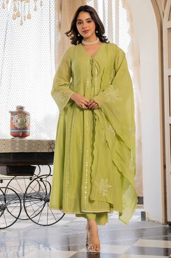 Women's Gorgeous Embroidery Work Chanderi Silk Fabric Flared Anarkali Pant and Dupatta Set