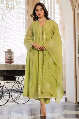 Women's Gorgeous Embroidery Work Chanderi Silk Fabric Flared Anarkali Pant and Dupatta Set