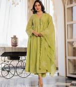 Women's Gorgeous Embroidery Work Chanderi Silk Fabric Flared Anarkali Pant and Dupatta Set