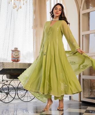 Women's Gorgeous Embroidery Work Chanderi Silk Fabric Flared Anarkali Pant and Dupatta Set 3