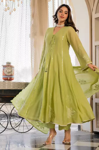 Women's Gorgeous Embroidery Work Chanderi Silk Fabric Flared Anarkali Pant and Dupatta Set
