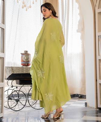 Women's Gorgeous Embroidery Work Chanderi Silk Fabric Flared Anarkali Pant and Dupatta Set 4