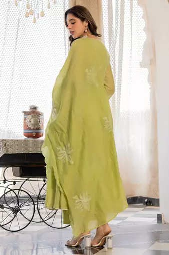Women's Gorgeous Embroidery Work Chanderi Silk Fabric Flared Anarkali Pant and Dupatta Set