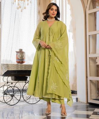 Women's Gorgeous Embroidery Work Chanderi Silk Fabric Flared Anarkali Pant and Dupatta Set 5
