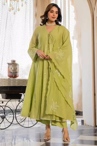 Women's Gorgeous Embroidery Work Chanderi Silk Fabric Flared Anarkali Pant and Dupatta Set