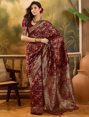 regal maroon banarasi jacquard saree with zari weaving & tassel pallu     unstitched blouse 1