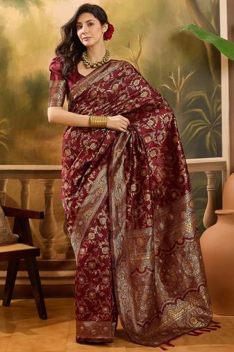 regal maroon banarasi jacquard saree with zari weaving & tassel pallu     unstitched blouse