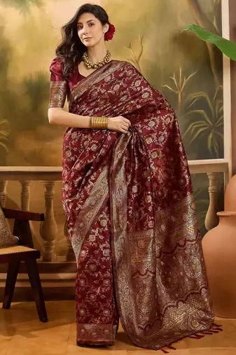 regal maroon banarasi jacquard saree with zari weaving & tassel pallu     unstitched blouse
